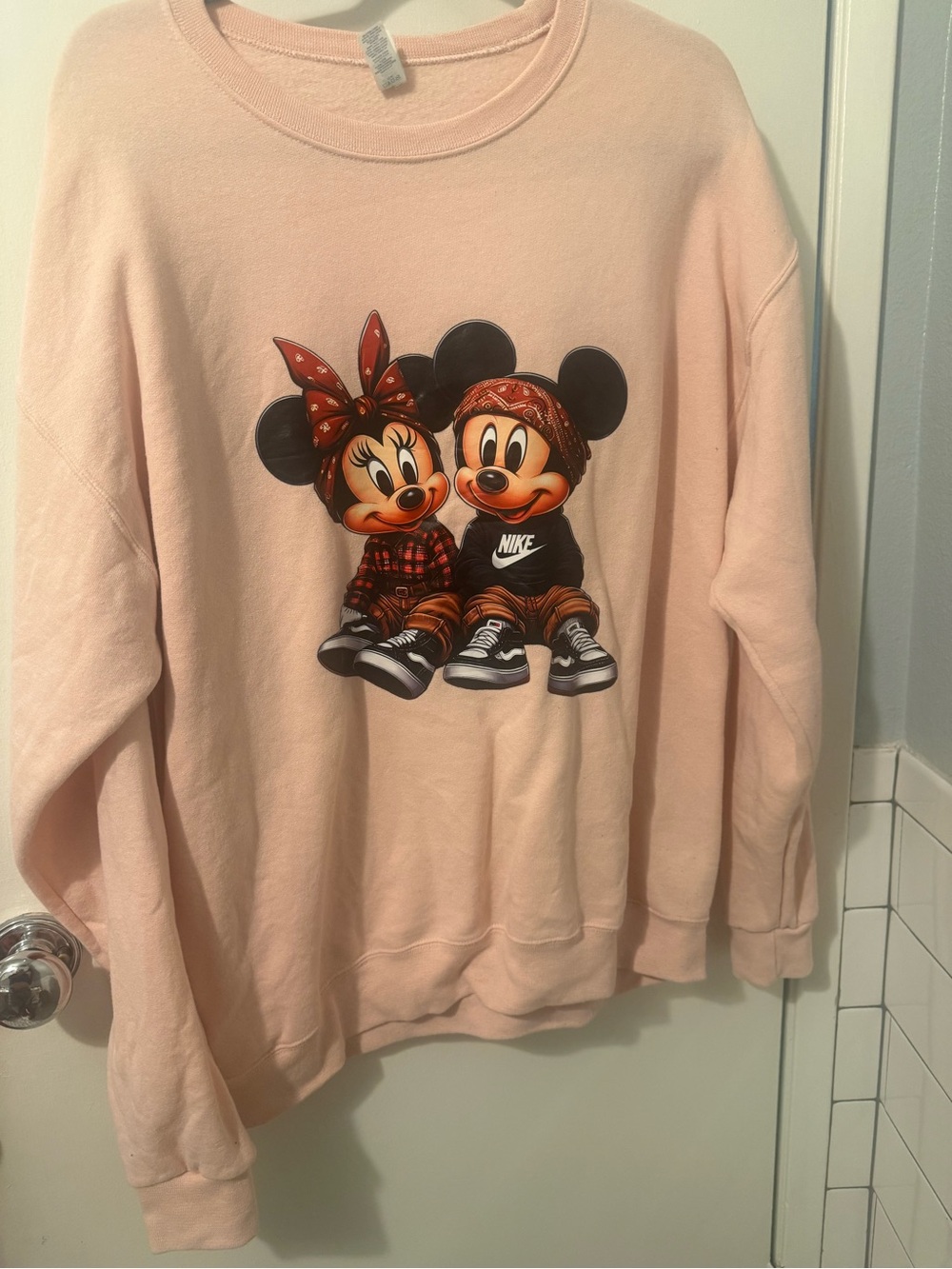 Jerzees Light Pink Mickey & Minnie Graphic Crewneck Sweatshirt